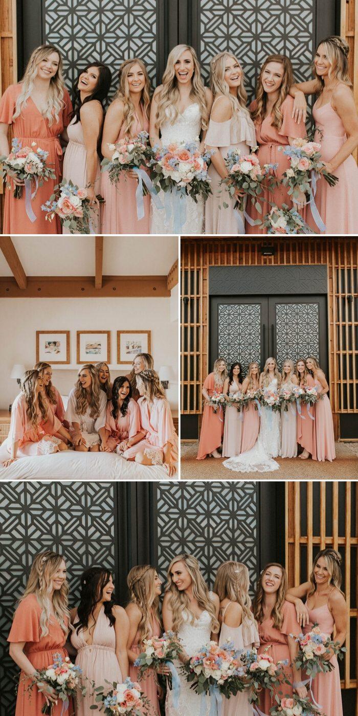 A beautiful bridal party poses together in soft blush and peach bridesmaid dresses while holding pastel flower bouquets. The bride stands in the center wearing a white wedding gown with loose romantic waves. The collage captures joyful wedding moments, elegant bridesmaid hairstyles, floral arrangements, and warm modern wedding aesthetics indoors and outdoors.