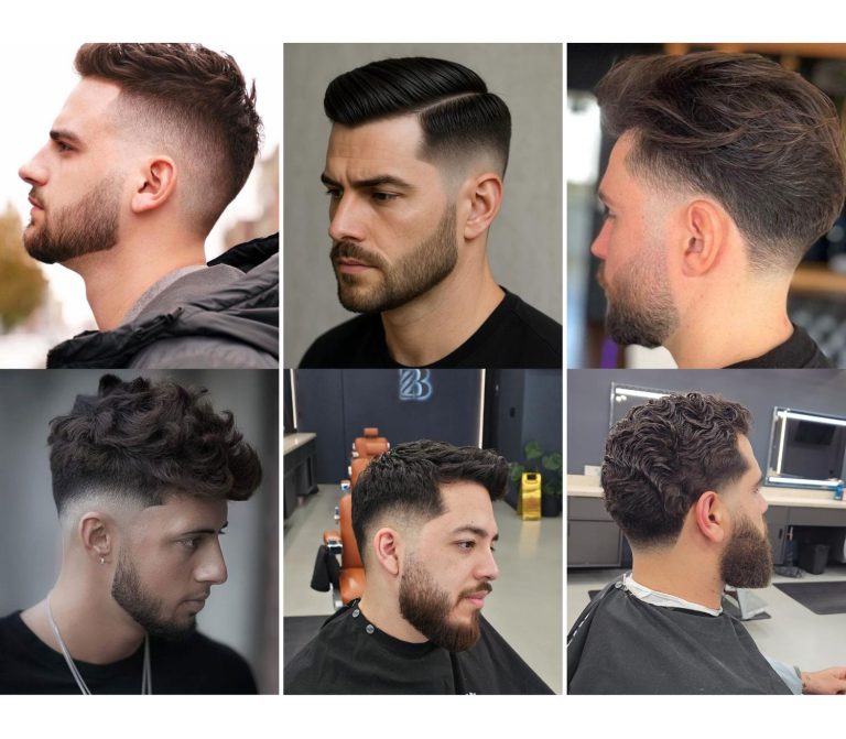 Collage of modern men's haircuts featuring textured fades, slick back styles, curly tops, taper fades, and stylish beard grooming in a professional barbershop setting