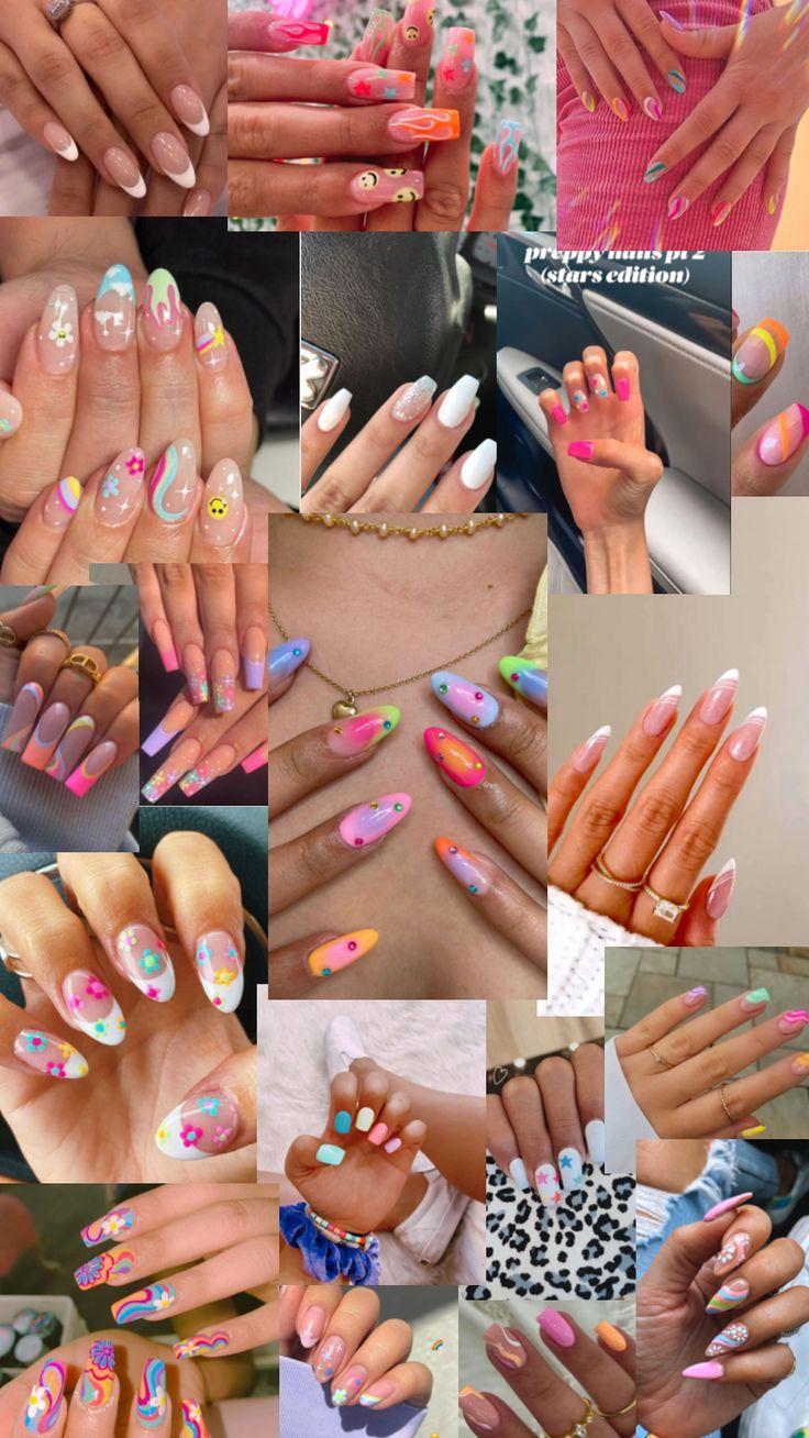 Colorful collage of trendy summer nail designs featuring pastel manicures, neon French tips, floral nail art, chrome finishes, abstract swirls, almond shaped nails, and bright tropical nail inspiration for stylish seasonal beauty looks.