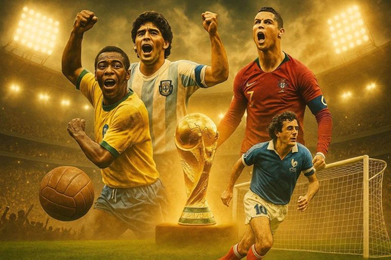 A dramatic football artwork featuring legendary players celebrating around the FIFA World Cup trophy inside a glowing stadium. The image captures the excitement, passion, and history of global football with iconic athletes in classic national team jerseys under bright stadium lights.