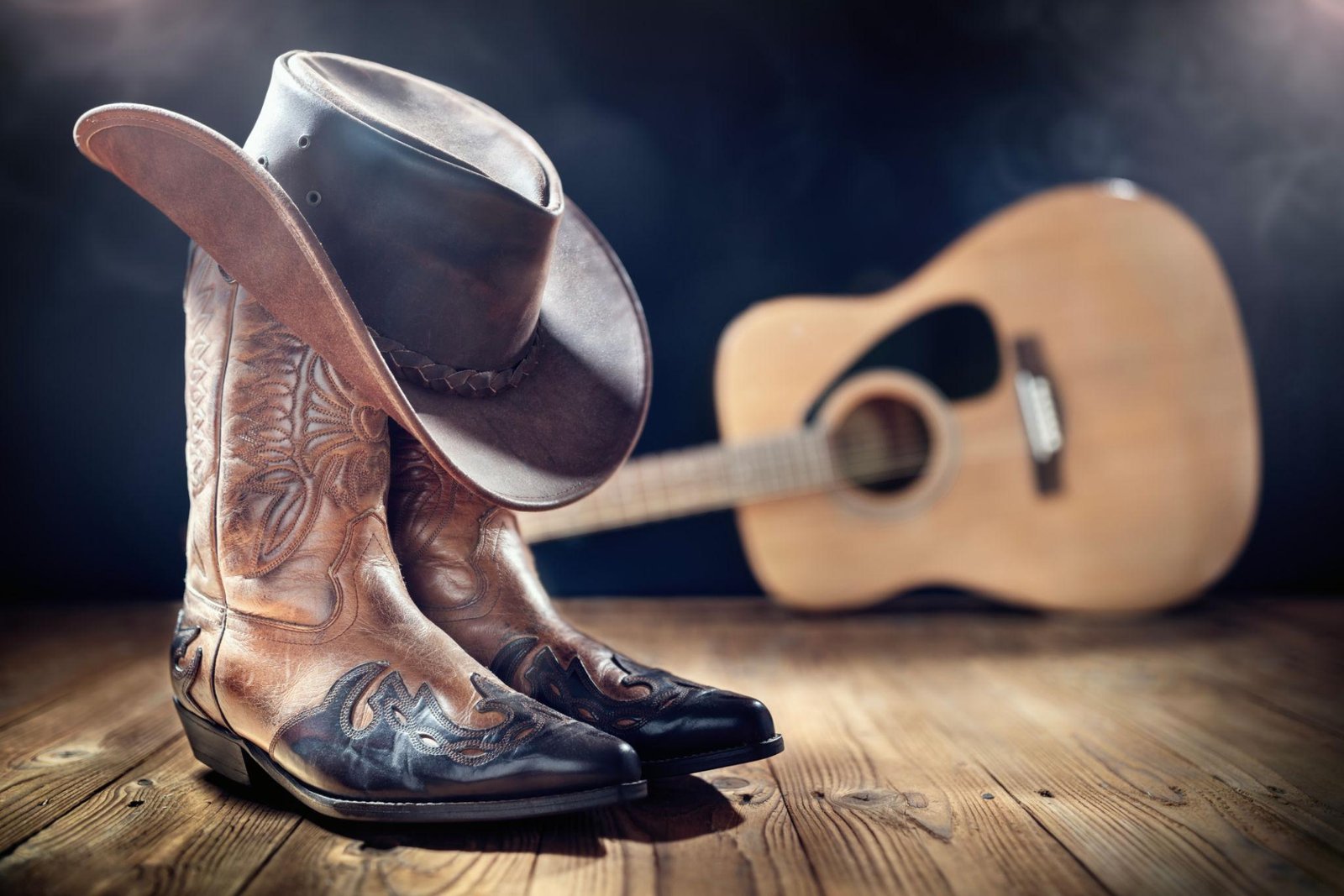 Vintage brown cowboy boots and a classic western hat displayed on a wooden floor with an acoustic guitar in the background, symbolizing country music, western culture, and cowgirl fashion.