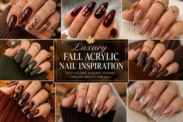 A luxury fall acrylic nail collage featuring elegant autumn inspired manicure designs in rich brown, burgundy, nude, olive green, and tortoiseshell shades. The stylish moodboard showcases glossy, matte, chrome, and gold accented acrylic nails with sophisticated seasonal beauty aesthetics and cozy fall fashion
