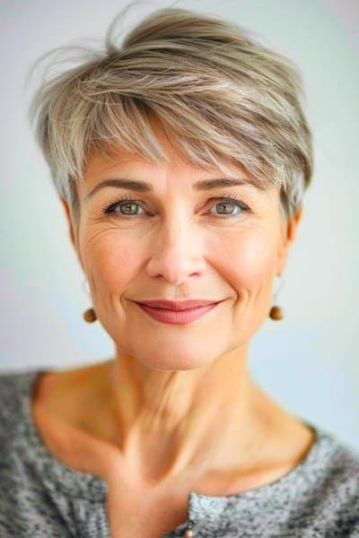A beautiful feature picture of a confident mature woman with a stylish short pixie hairstyle in soft silver blonde tones. The elegant haircut adds volume and texture while highlighting natural beauty, youthful confidence, and timeless fashion for women over 60.