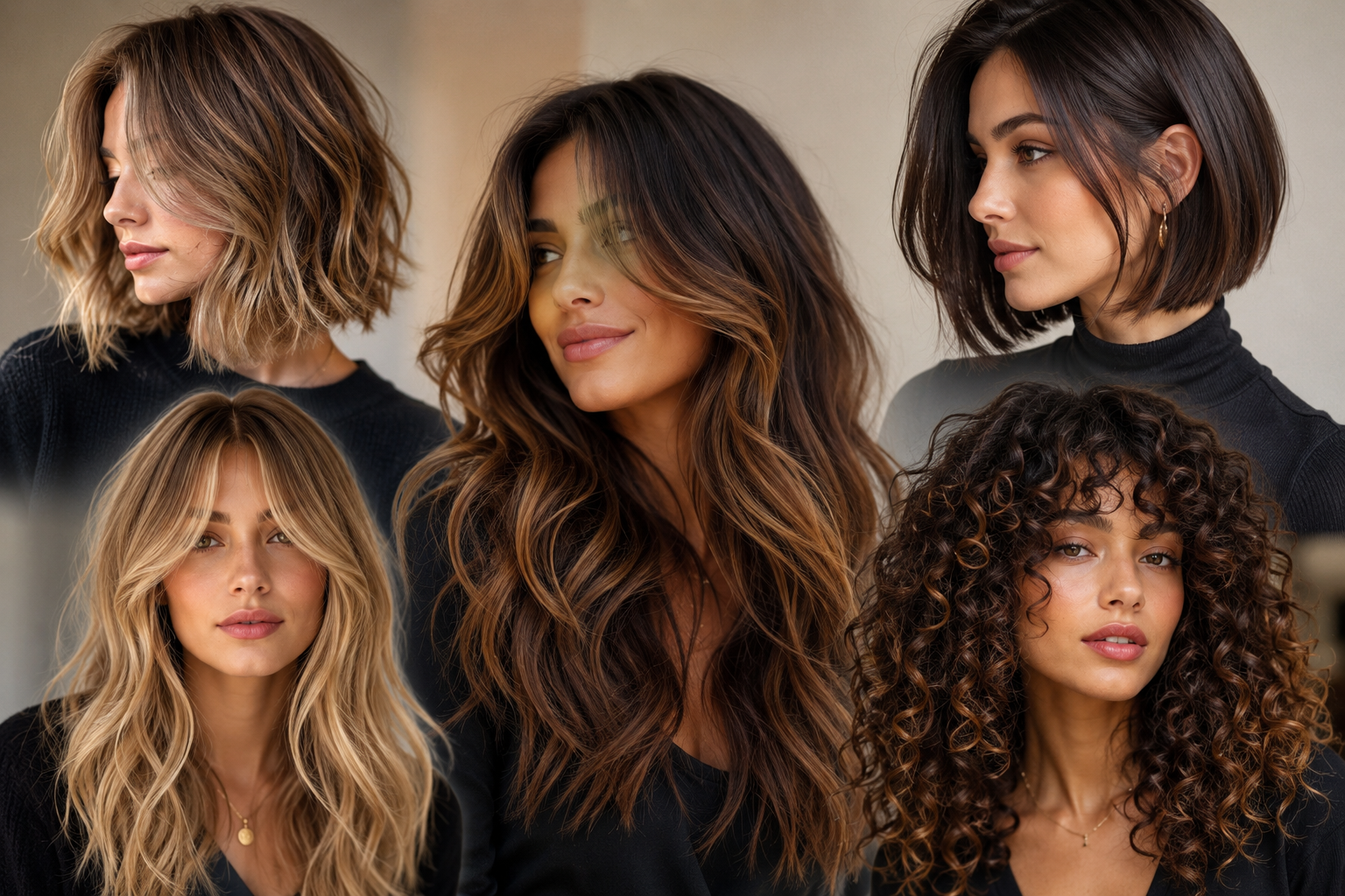 Collage of women with trendy hairstyles including soft waves, layered cuts, sleek bobs, curtain bangs, and natural curls styled with modern glossy finishes