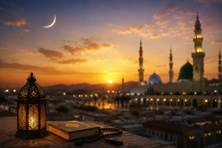 Peaceful Islamic sunset scene with glowing lantern, Holy Quran, prayer beads, crescent moon, and grand mosque skyline representing the spiritual importance of 1st Zilhajj.
