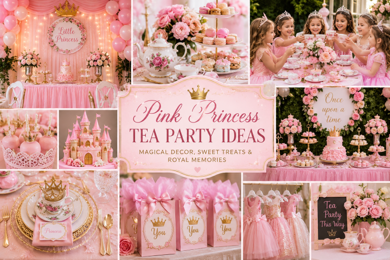 A dreamy pink princess tea party collage featuring elegant pastel party decorations, floral tea sets, royal desserts, pink balloon arches, princess dresses, tiaras, and beautifully styled tea tables. The collage showcases magical birthday inspiration with luxurious pink and gold details, sweet treats, and charming royal party aesthetics perfect for a princess celebration.