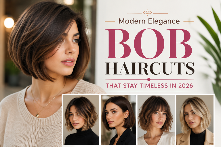 Feature image showing a stylish woman with a modern bob haircut featuring soft layers and glossy texture, representing trendy bob haircuts for women in 2026 with a luxury fashion-inspired beauty aesthetic