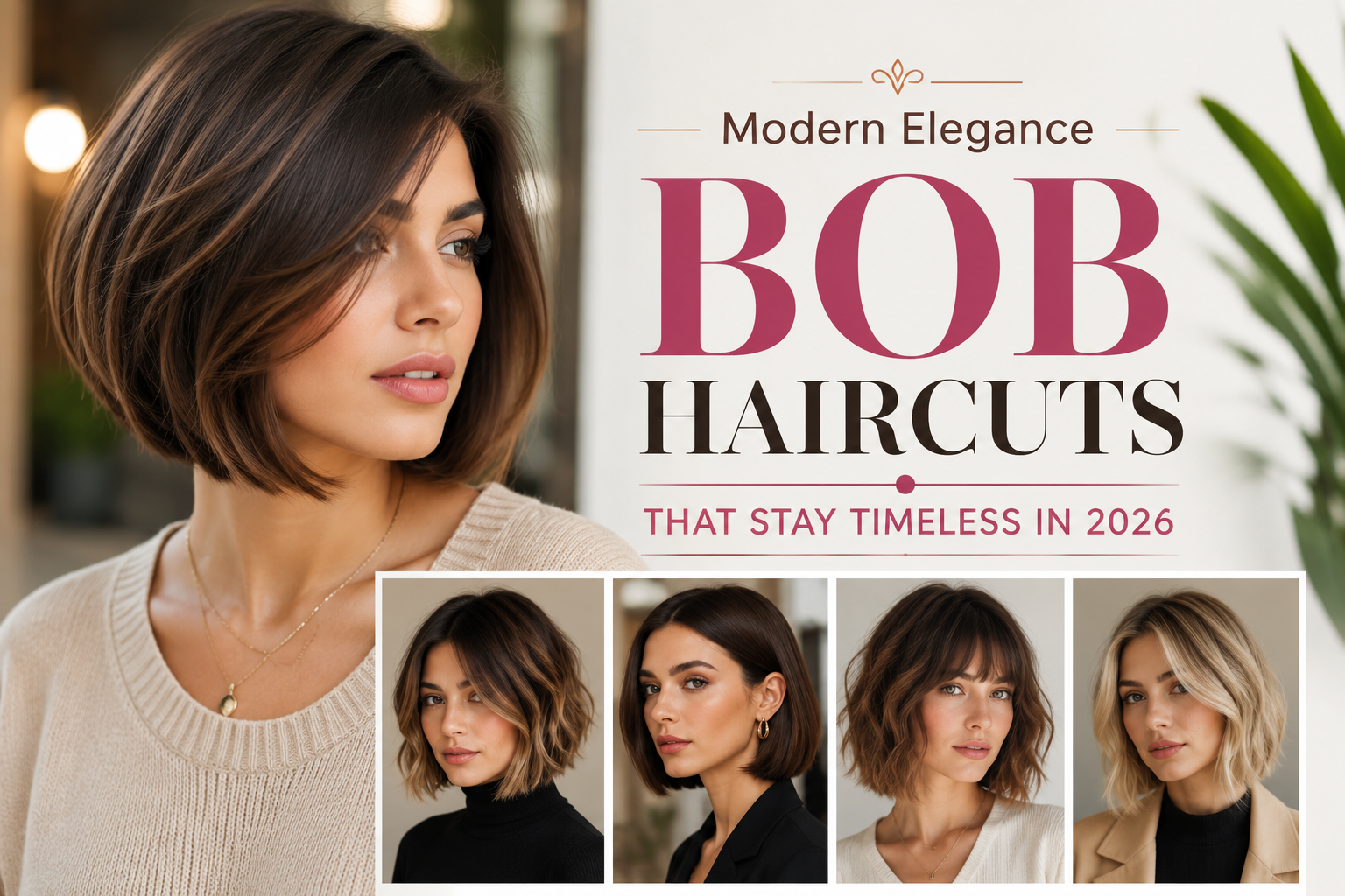 Feature image showing a stylish woman with a modern bob haircut featuring soft layers and glossy texture, representing trendy bob haircuts for women in 2026 with a luxury fashion-inspired beauty aesthetic