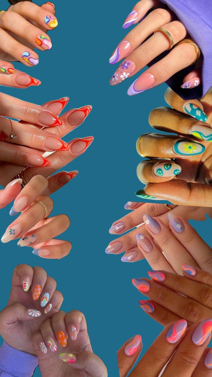 Colorful collage featuring pastel nails, chrome manicures, tropical nail art, floral designs, and glossy summer nail inspiration with trendy fashion-forward beauty aesthetics for summer 2026.