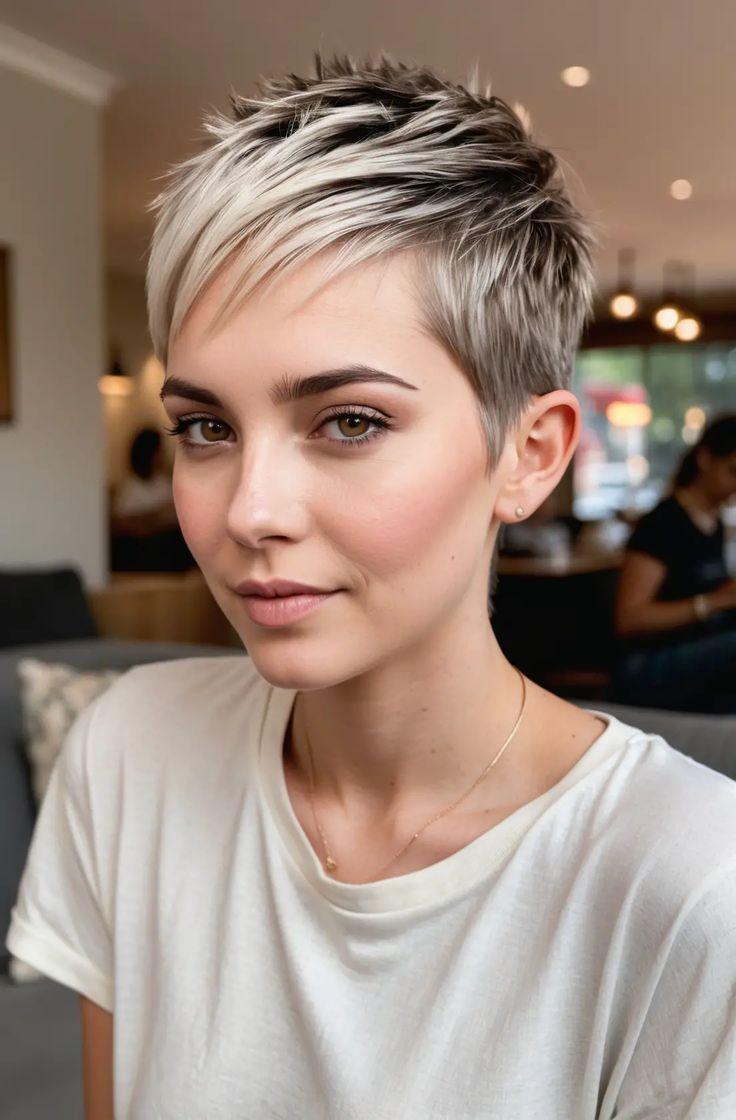 Woman with a stylish platinum blonde pixie haircut featuring textured layers and side-swept bangs, creating a modern, elegant short hairstyle look in a soft indoor setting