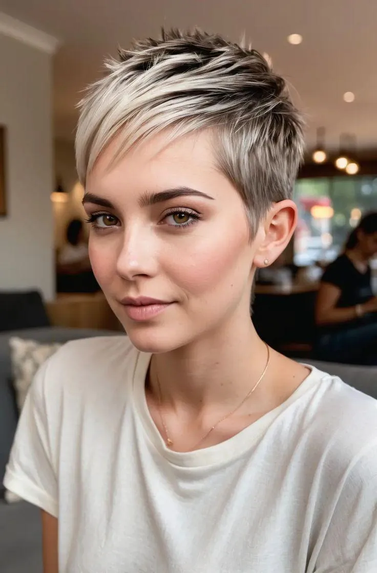 Woman with a stylish platinum blonde pixie haircut featuring textured layers and side-swept bangs, creating a modern, elegant short hairstyle look in a soft indoor setting