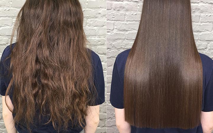 Frizzy to smooth hair transformation showing before and after results with shiny straight hair”