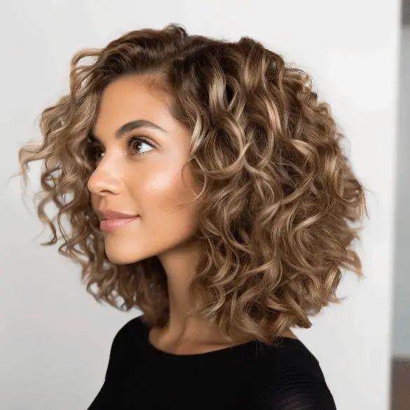 A stylish beauty portrait featuring a woman with soft defined curls and natural volume alongside elegant overlay text about easy curly hairstyles for beginners in a modern feminine aesthetic style.