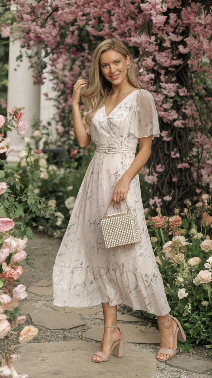 Elegant woman wearing a floral summer wedding guest dress with stylish heels and accessories at a beautiful outdoor wedding venue, showcasing a chic and fashionable Wedding Guest Outfit Summer look.