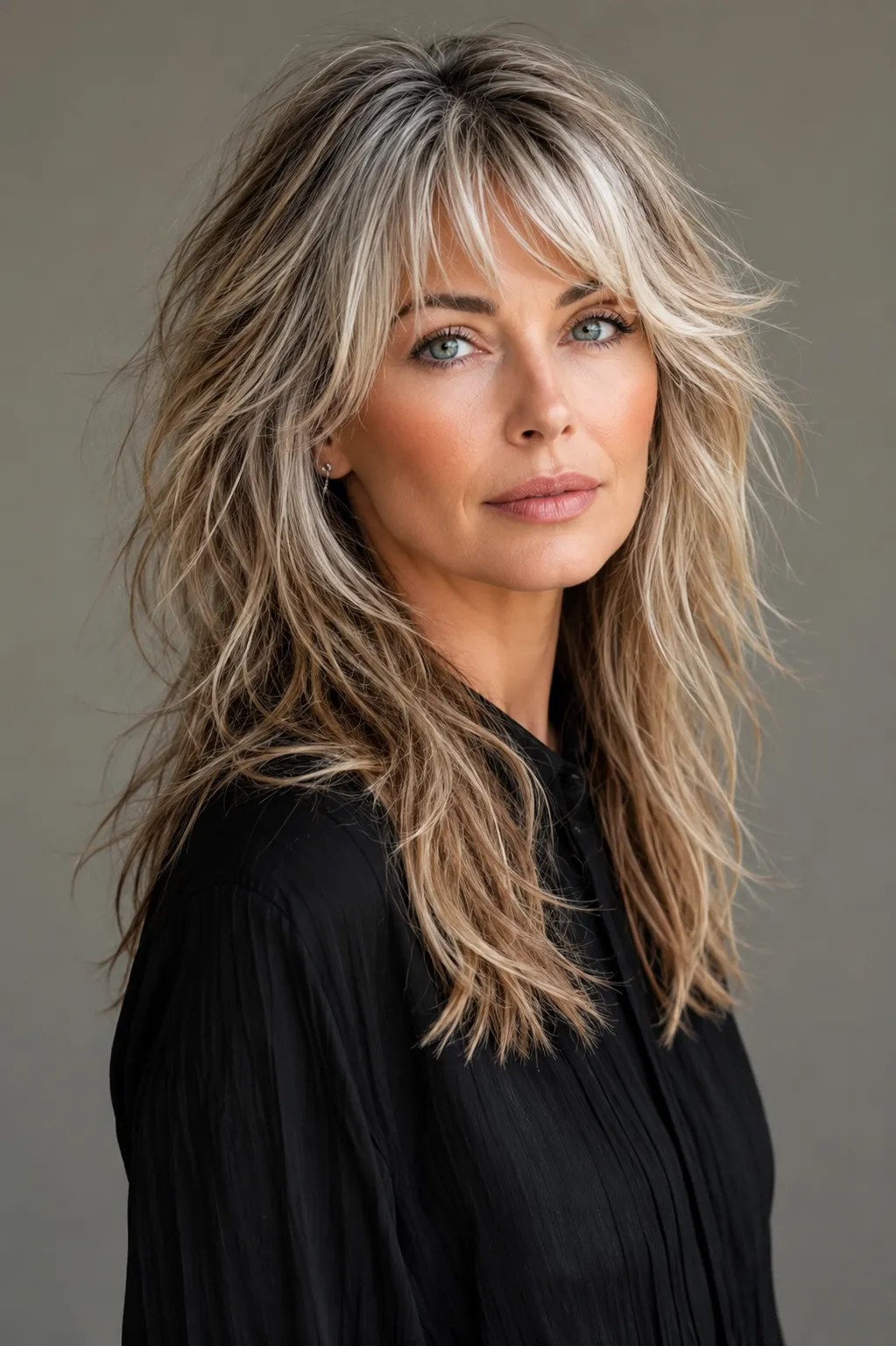 long shag haircuts for older women with layered texture, soft curtain bangs, volume at the crown, and face-framing layers that create a youthful, stylish, and confident appearance.