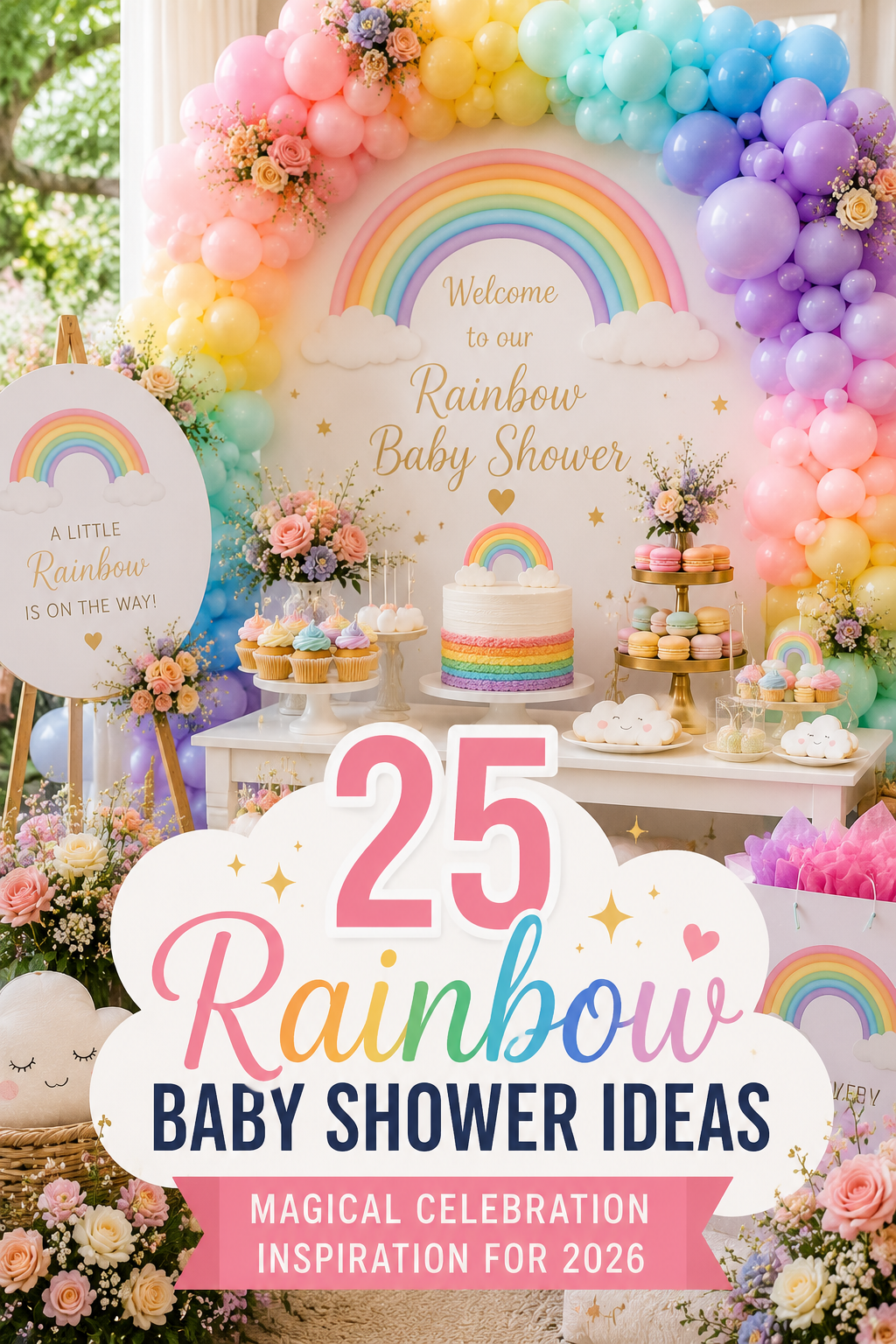 Luxury rainbow baby shower setup featuring a pastel balloon arch, rainbow-themed dessert table, cloud decorations, floral arrangements, rainbow cake, cupcakes, and elegant party styling with bold overlay text promoting 25 rainbow baby shower ideas for 2026.