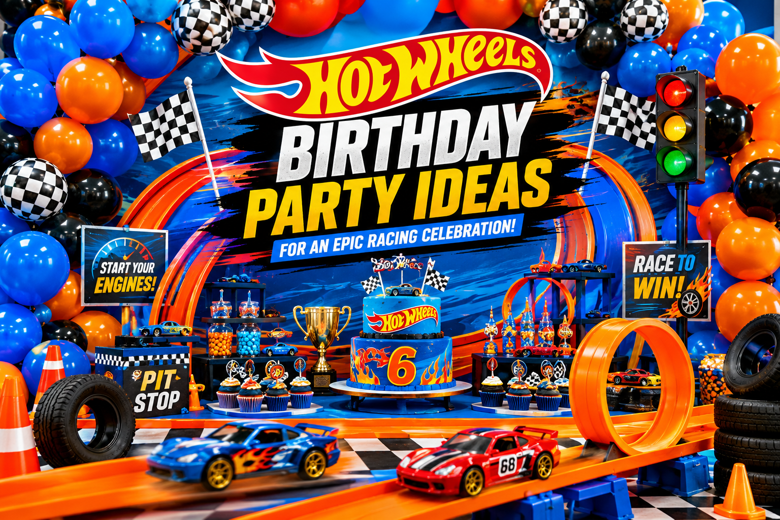 Colorful Hot Wheels birthday party setup featuring orange race tracks, checkered flags, themed balloons, toy cars, traffic cones, racing signs, and a Hot Wheels birthday cake centerpiece.
