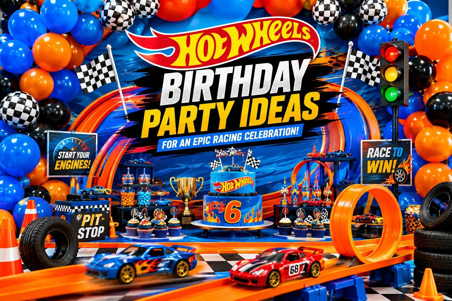 Colorful Hot Wheels birthday party setup featuring orange race tracks, checkered flags, themed balloons, toy cars, traffic cones, racing signs, and a Hot Wheels birthday cake centerpiece.