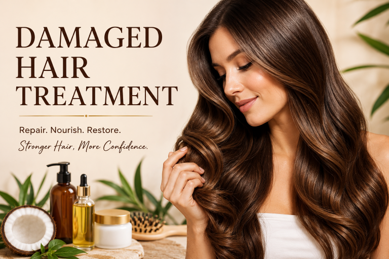 Damaged hair treatment results showing smooth, shiny, healthy brown hair with nourishing hair care products, natural oils, and repair solutions for stronger hair.