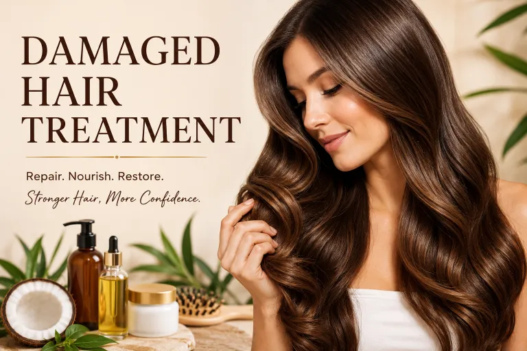 Damaged hair treatment results showing smooth, shiny, healthy brown hair with nourishing hair care products, natural oils, and repair solutions for stronger hair.
