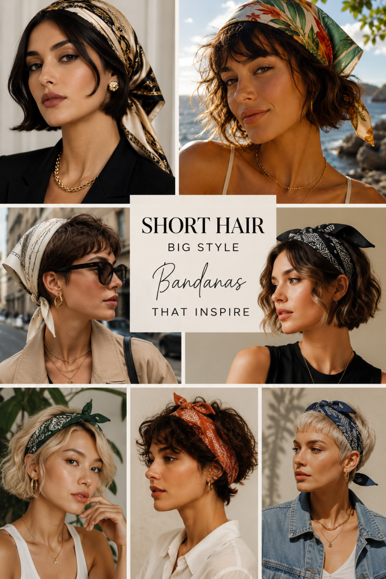 Collage featuring multiple stylish women with different short hairstyles and fashionable bandanas,