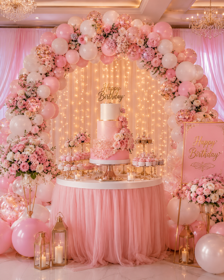 Luxury pink and white birthday party setup featuring an elegant balloon arch, fresh floral arrangements, a stunning tiered birthday cake, soft fairy lights, gold accents, and a beautifully decorated dessert table creating a dreamy and sophisticated celebration atmosphere.