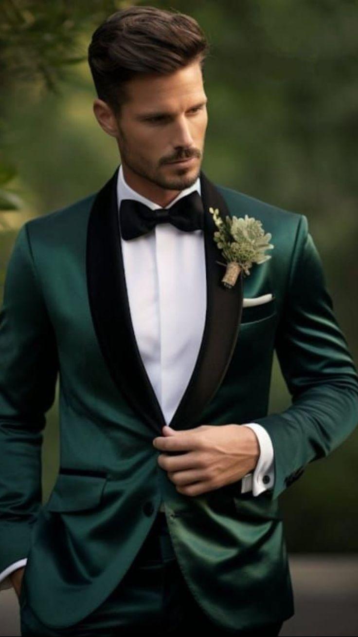 Luxury groom wearing emerald green tuxedo beside bride, elegant wedding venue, cinematic lighting, modern wedding fashion,