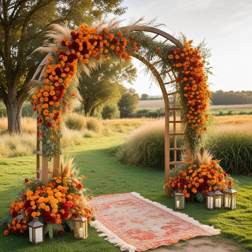 Elegant burnt orange wedding ceremony arch decorated with vibrant orange flowers, pampas grass, greenery, and lanterns on a rustic outdoor lawn during golden hour.