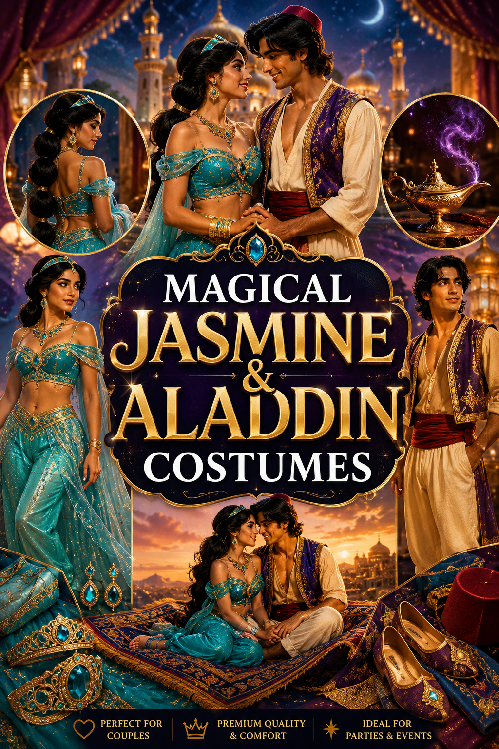 Elegant Pinterest collage featuring magical Jasmine and Aladdin costumes with a turquoise princess outfit, gold jewelry, Aladdin-inspired adventure attire, enchanted palace backdrop, flying carpet scene, genie lamp accessories, and bold overlay text reading “Magical Jasmine & Aladdin Costumes” for couples, parties, and cosplay inspiration.