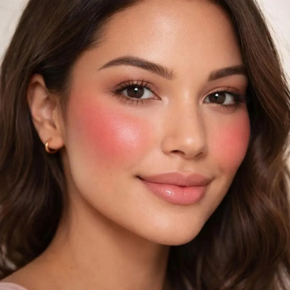 monochrome pink makeup look, glowing skin, rosy blush, soft pink eyeshadow, glossy pink lips, elegant hairstyle, soft studio lighting,