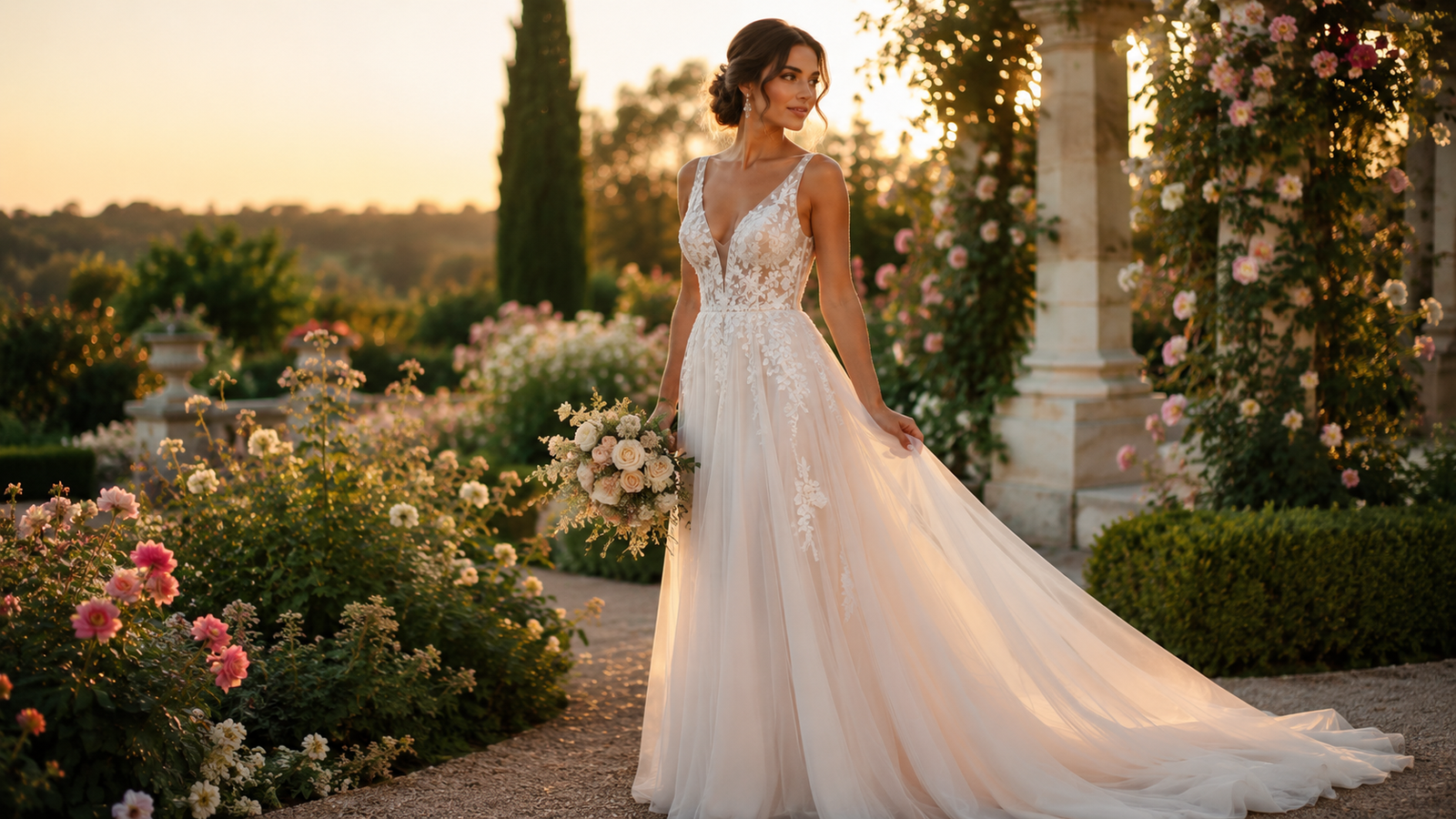 Bride walking through a blooming flower garden in a flowing chiffon wedding gown, holding a romantic bouquet during golden hour, surrounded by lush greenery and soft pastel flowers in an elegant summer wedding setting.