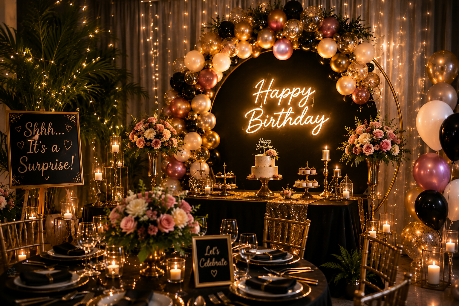 Elegant surprise party decoration featuring a luxury balloon arch, floral centerpieces, warm fairy lights, birthday cake display, and stylish celebration table setup in a sophisticated indoor venue.