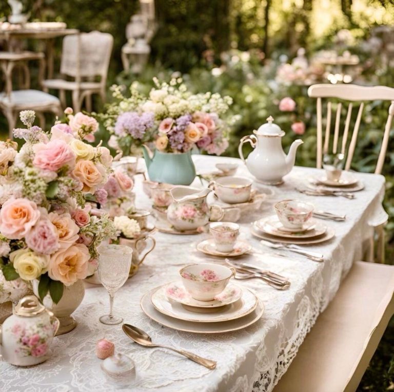 Elegant Bridgerton tea party setup featuring vintage teacups, pastel flowers, gold accents, delicate desserts, and a romantic Regency-inspired garden setting.