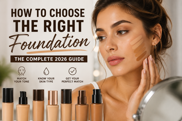 How to Choose the Right Foundation feature image with a woman comparing foundation shades to find the perfect match for her skin tone, undertone, and skin type