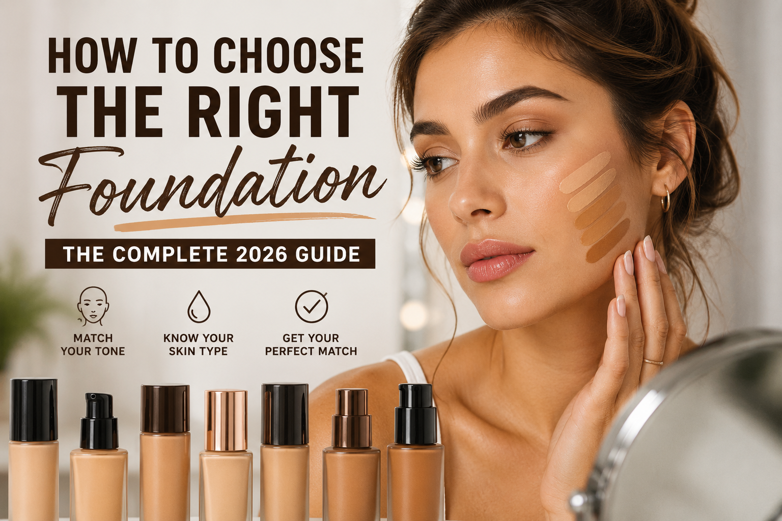 How to Choose the Right Foundation feature image with a woman comparing foundation shades to find the perfect match for her skin tone, undertone, and skin type