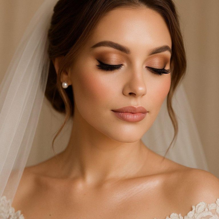 Luxury bridal engagement makeup, flawless glowing skin, soft glam eye makeup, nude lips, elegant hairstyle, sparkling jewelry, romantic lighting,