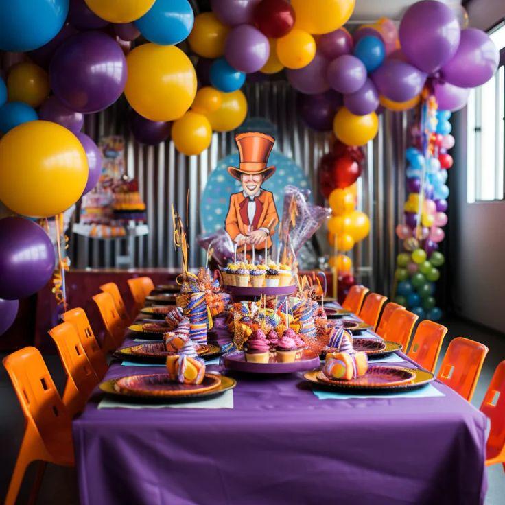 Colorful Willy Wonka Birthday Party featuring candy decorations, golden tickets, chocolate treats, and a magical dessert table inspired by Charlie and the Chocolate Factory.