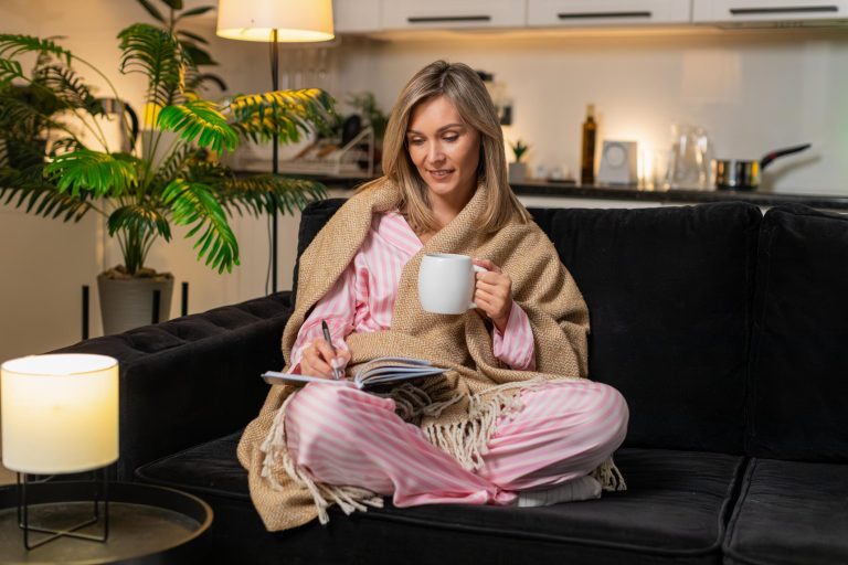 Woman enjoying a relaxing self-care day at home, sitting comfortably on a sofa in pink pajamas while journaling and holding a warm cup of tea. Cozy lighting, indoor plants, and a soft blanket create a peaceful wellness and mindfulness atmosphere.