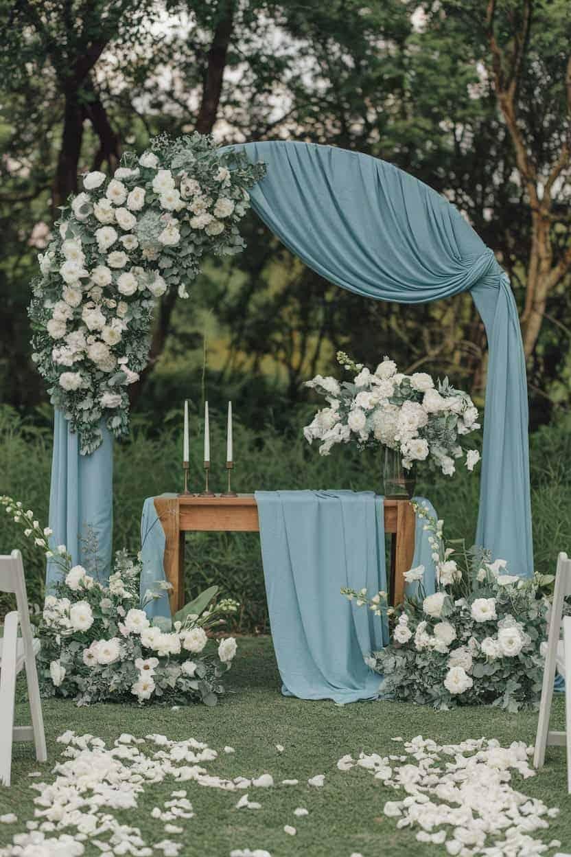 Luxury Dusty Blue Wedding setup with romantic floral arch, elegant reception tables, white roses, hydrangeas, candlelight, luxury ballroom wedding venue, soft natural lighting, Pinterest viral design, vertical 1000x1500, bold overlay text: "DUSTY BLUE WEDDING IDEAS".