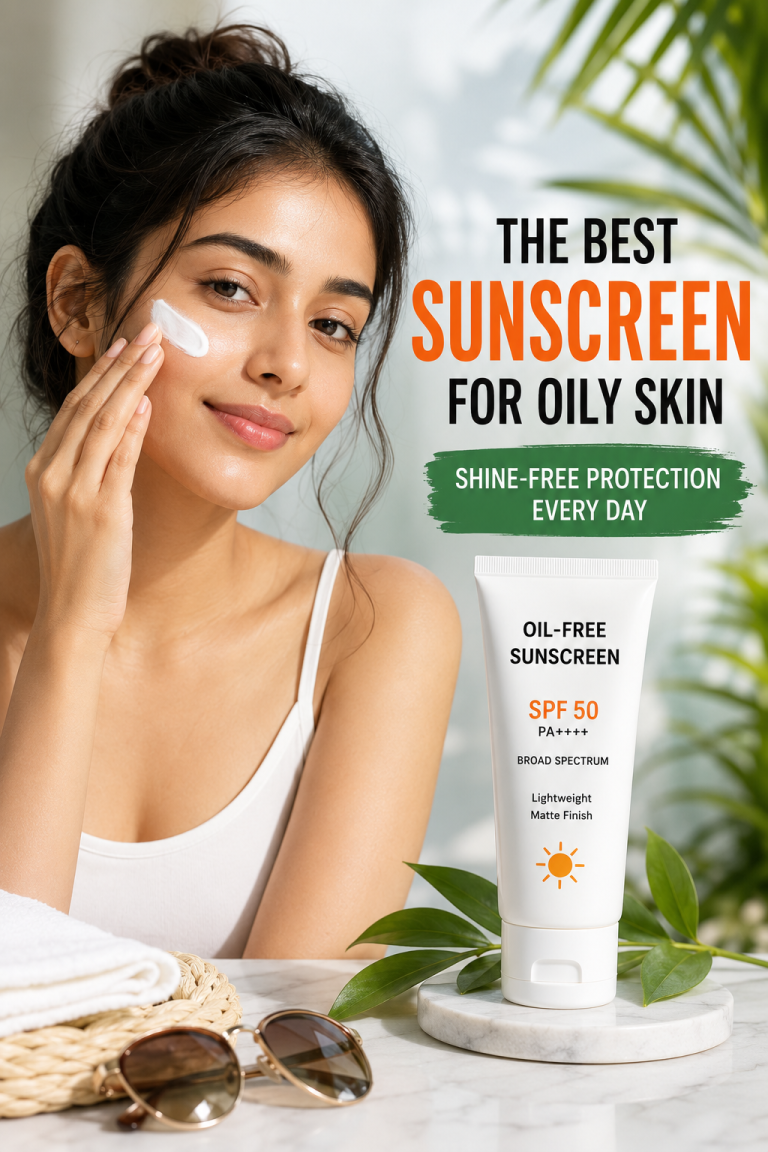 Woman applying lightweight SPF 50 sunscreen on oily skin with a fresh matte finish in bright natural light, showcasing daily sun protection and healthy glowing skin.
