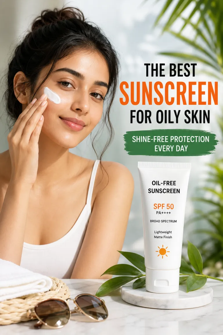 Woman applying lightweight SPF 50 sunscreen on oily skin with a fresh matte finish in bright natural light, showcasing daily sun protection and healthy glowing skin.