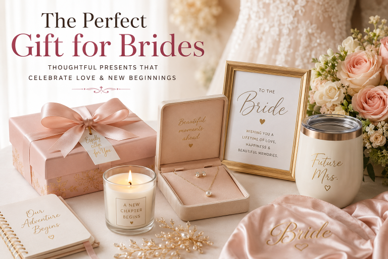 Elegant bridal gift arrangement featuring a luxury gift box, fresh flowers, pearl accessories, handwritten note, and wedding keepsakes on a beautifully decorated table, symbolizing thoughtful gifts for brides and wedding celebrations.