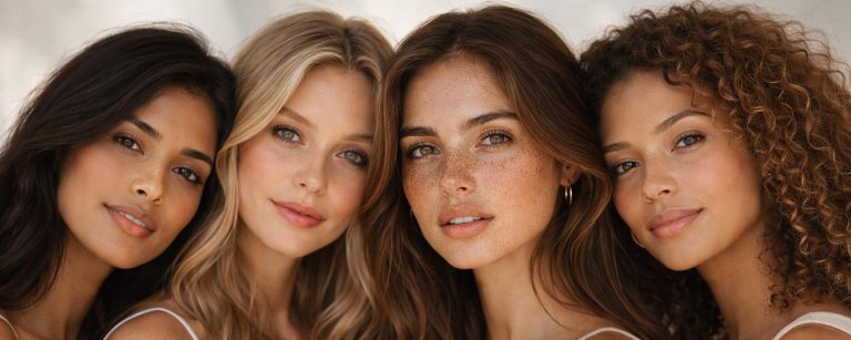 Skin Tone and Undertone guide featuring women with fair, medium, olive, and deep complexions to help identify undertones for makeup and fashion.
