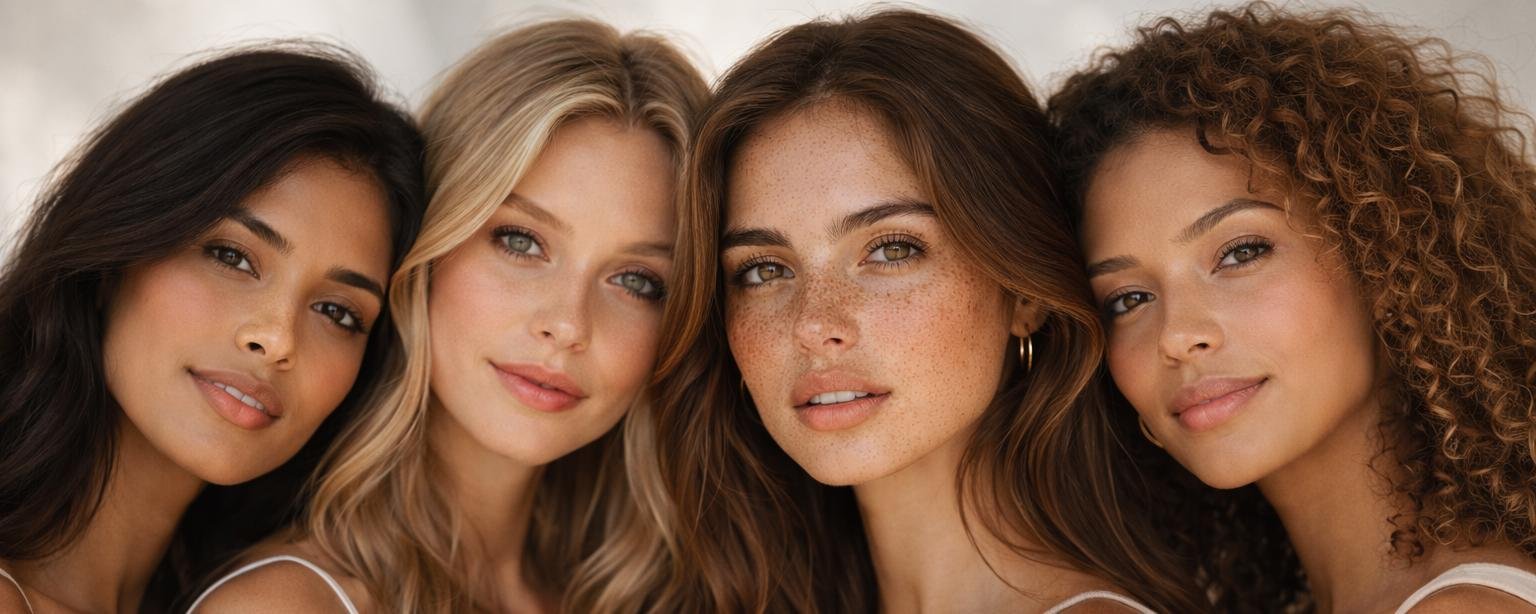 Skin Tone and Undertone guide featuring women with fair, medium, olive, and deep complexions to help identify undertones for makeup and fashion.
