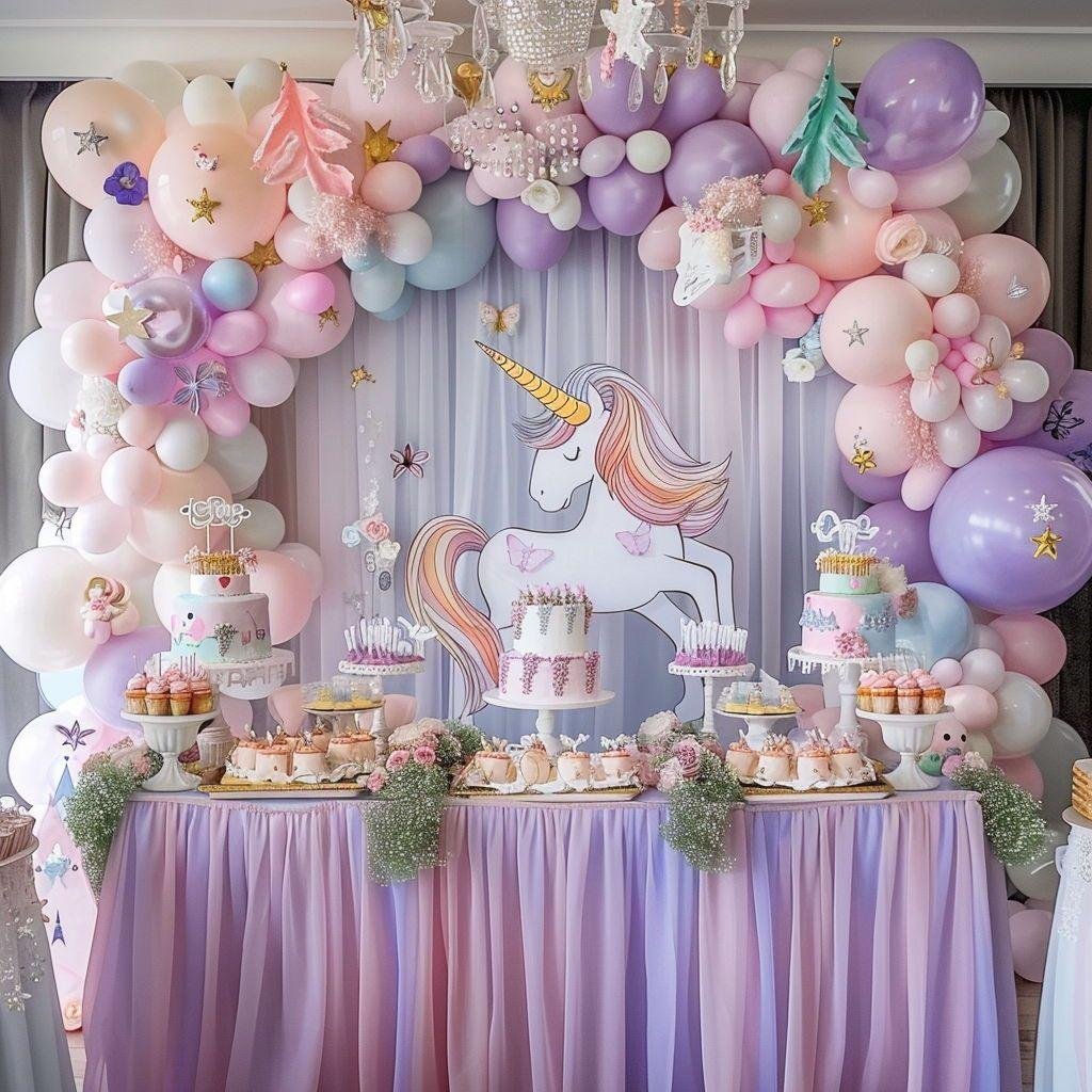 Magical Unicorn Birthday Party featuring pastel balloons, rainbow decorations, unicorn cake, and whimsical party styling.