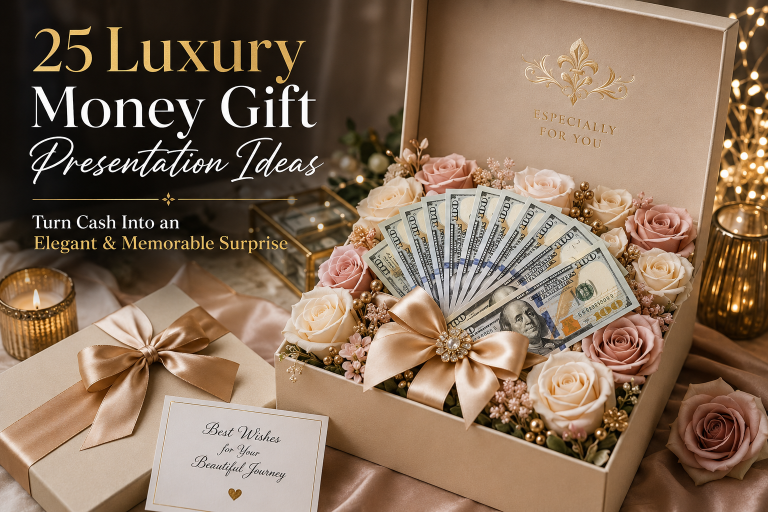 Luxury money gift presentation featuring a premium beige gift box filled with elegant blush and ivory roses, satin ribbon, and beautifully arranged cash. The image showcases creative luxury money gift presentation ideas for weddings, birthdays, anniversaries, graduations, and special celebrations with sophisticated floral styling and elegant gift packaging.
