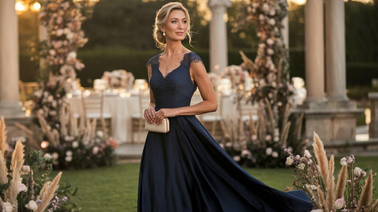Elegant woman wearing a sophisticated mother of the groom dress with refined styling and wedding-ready accessories.