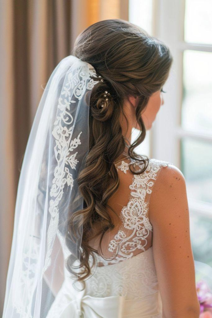 Elegant bride showcasing Half Up Half Down Wedding Hair with soft cascading curls, lace-trimmed veil, and a romantic lace wedding gown.