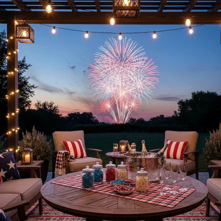 Beautifully decorated home with patriotic Fourth of July decorations, American flags, and festive outdoor lighting.