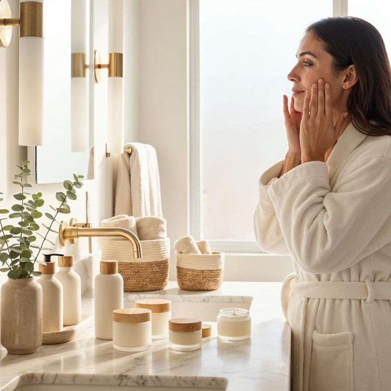 Woman following a barrier repair skincare routine by gently applying moisturizer in a bright, modern bathroom with hydrating skincare products, creating healthy, glowing, and protected skin.
